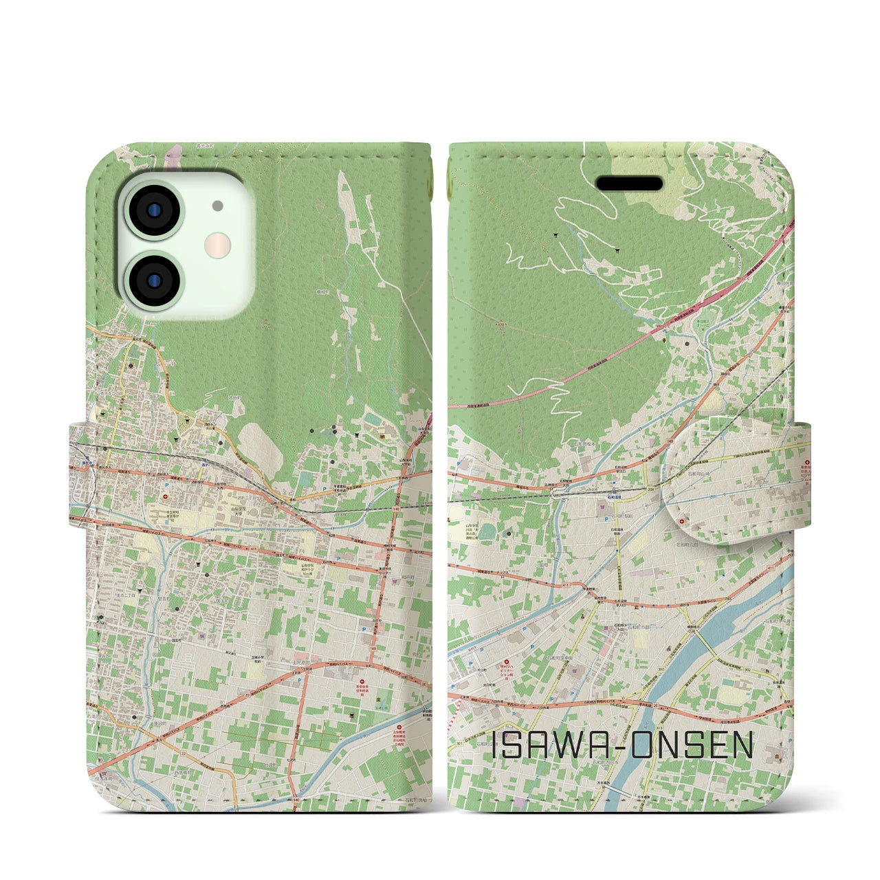 【石和温泉】地図柄iPhoneケース（手帳両面タイプ・ナチュラル）iPhone 12 mini 用