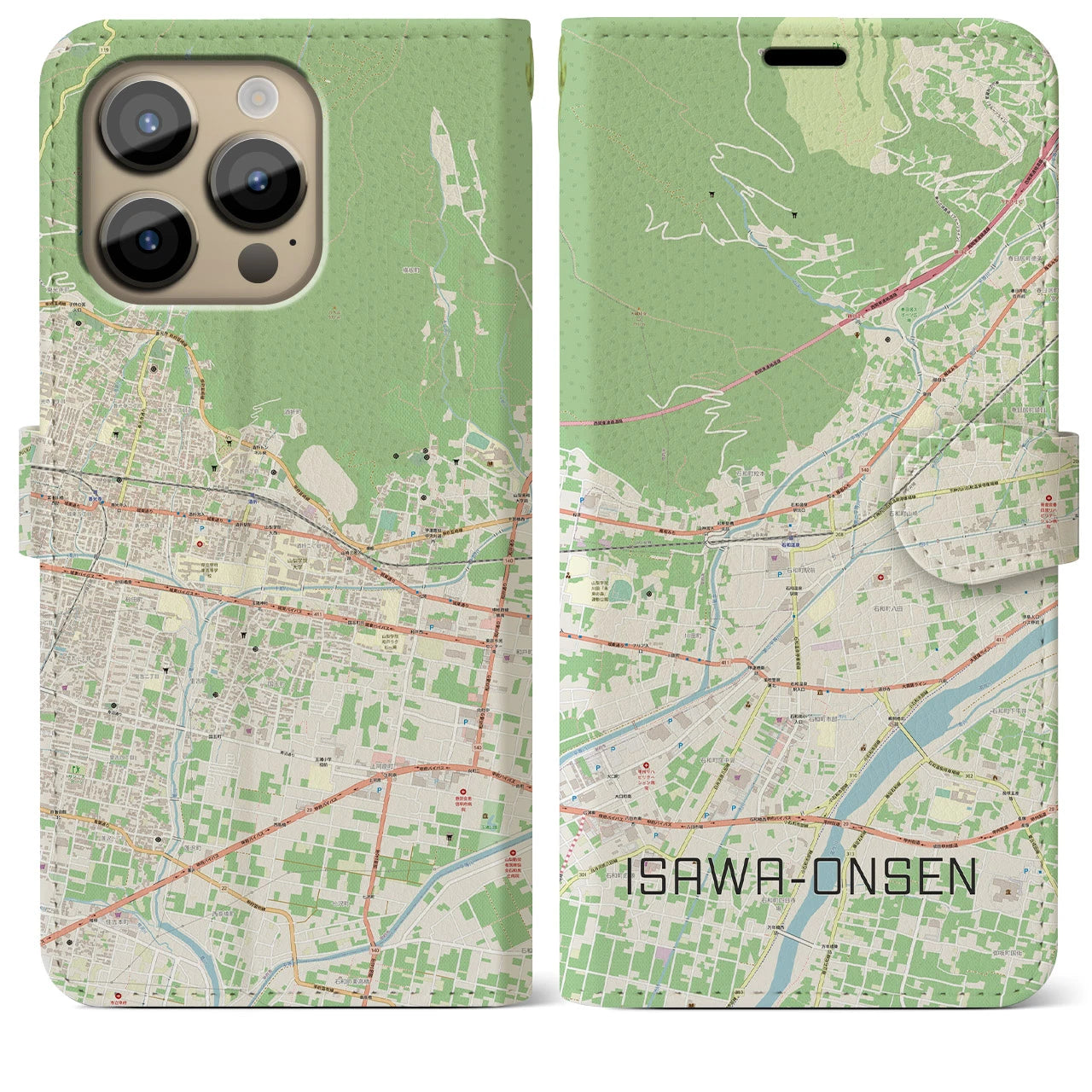 【石和温泉】地図柄iPhoneケース（手帳両面タイプ・ナチュラル）iPhone 14 Pro Max 用