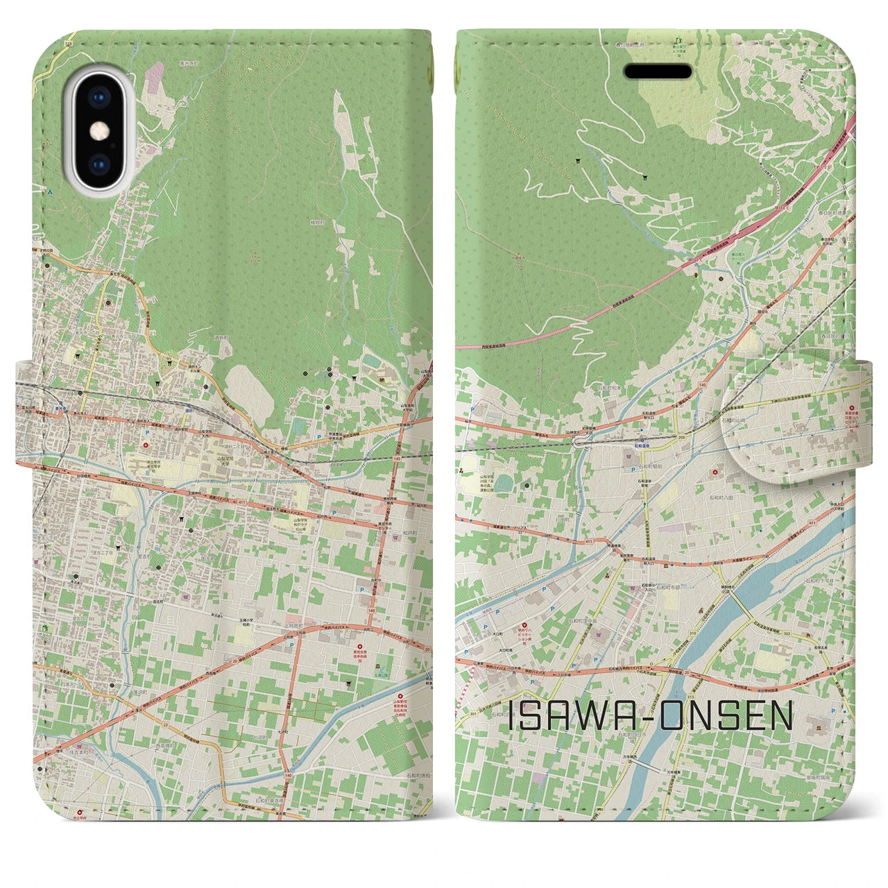 【石和温泉】地図柄iPhoneケース（手帳両面タイプ・ナチュラル）iPhone XS Max 用