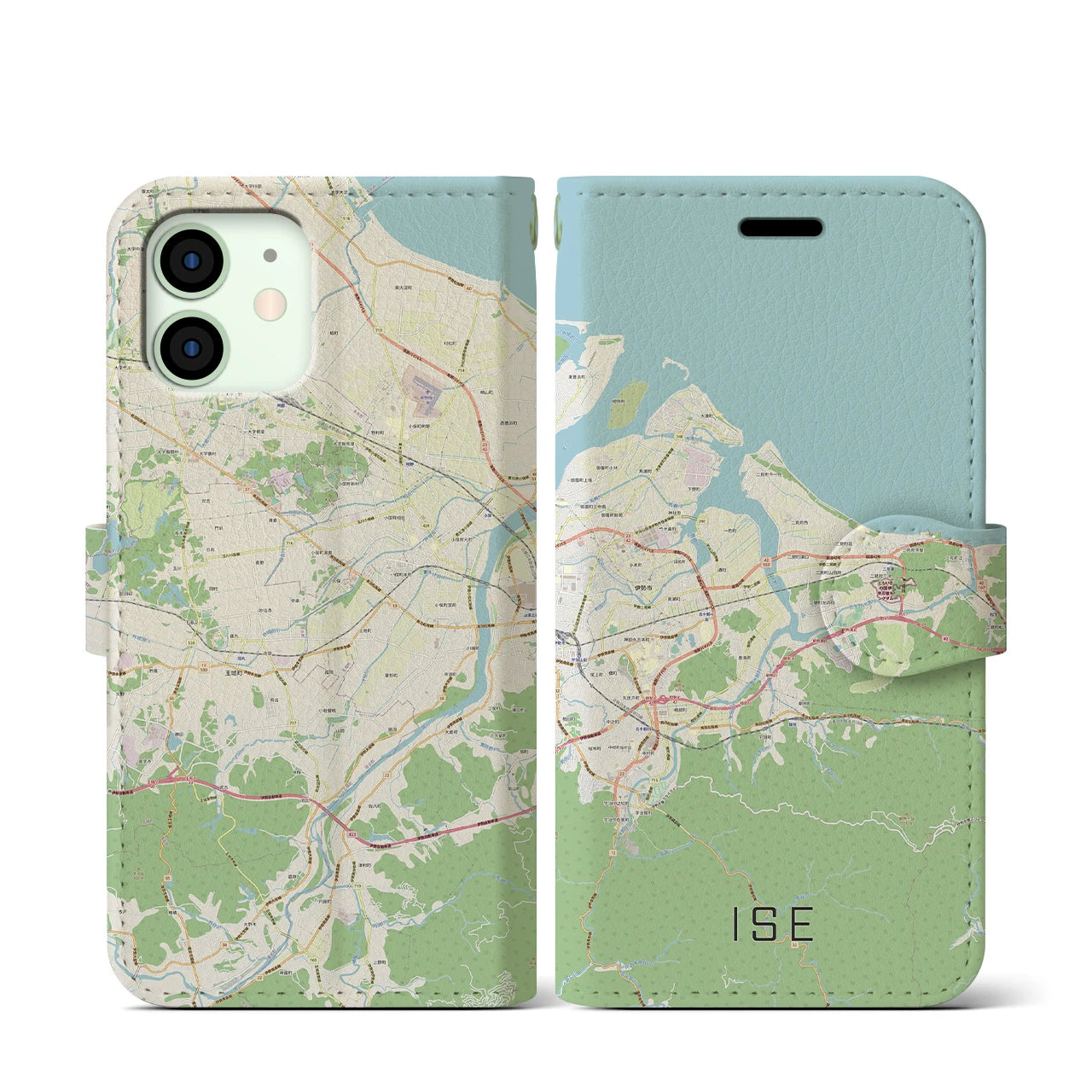 【伊勢】地図柄iPhoneケース（手帳両面タイプ・ナチュラル）iPhone 12 mini 用