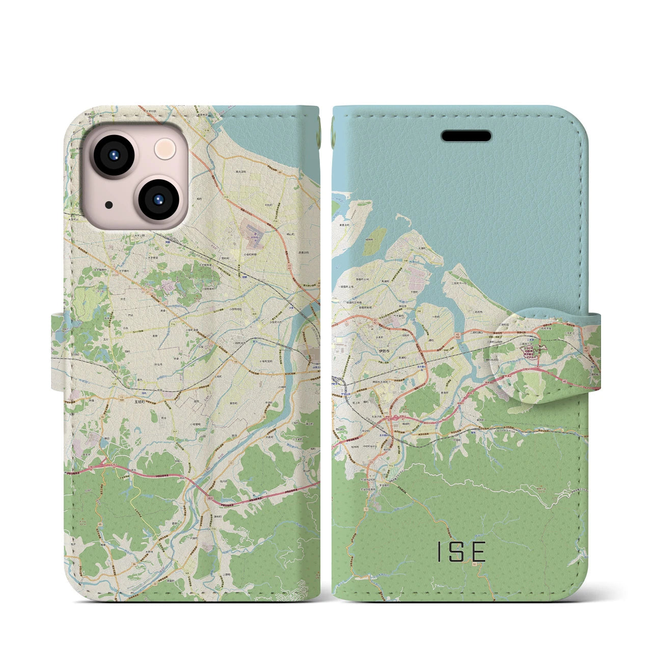 【伊勢】地図柄iPhoneケース（手帳両面タイプ・ナチュラル）iPhone 13 mini 用