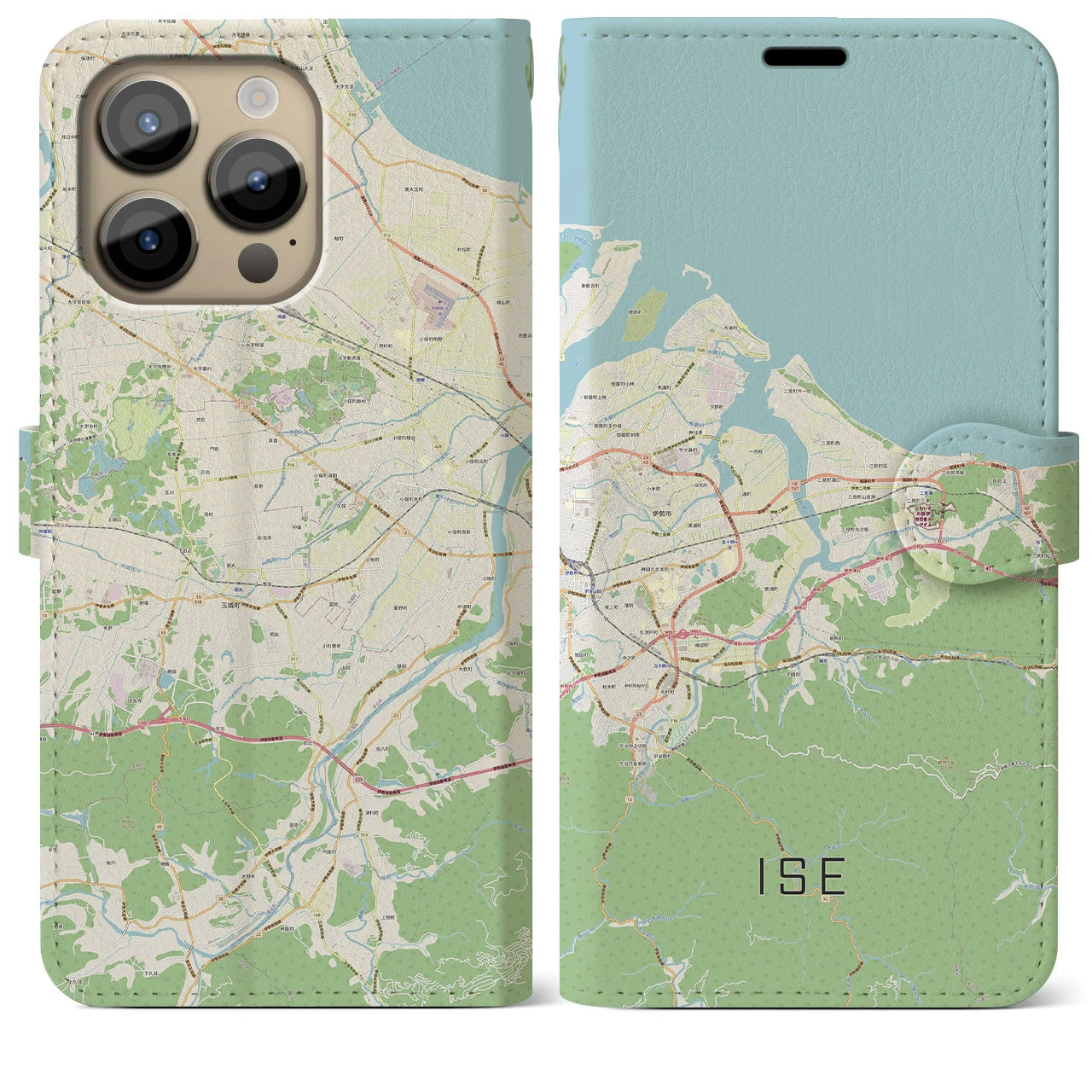【伊勢】地図柄iPhoneケース（手帳両面タイプ・ナチュラル）iPhone 14 Pro Max 用