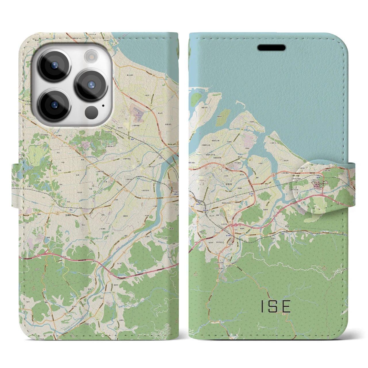 【伊勢】地図柄iPhoneケース（手帳両面タイプ・ナチュラル）iPhone 14 Pro 用