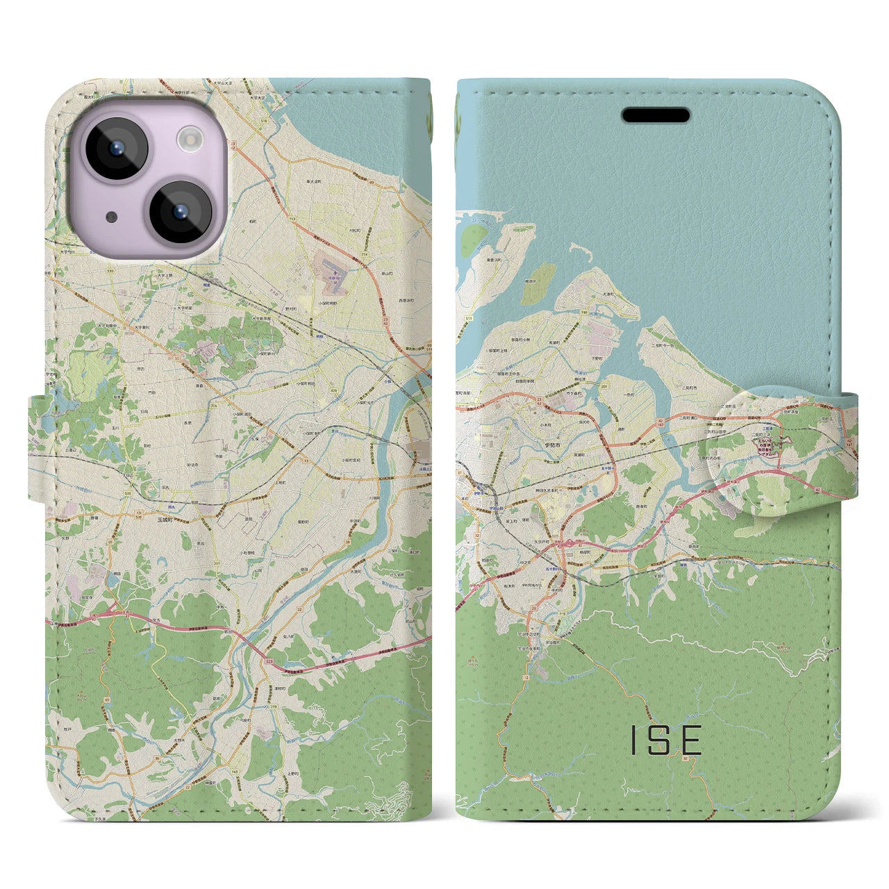 【伊勢】地図柄iPhoneケース（手帳両面タイプ・ナチュラル）iPhone 14 用