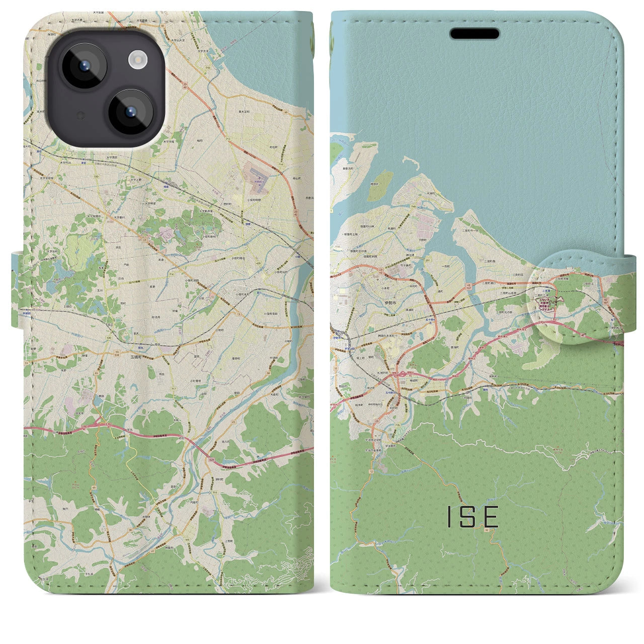 【伊勢】地図柄iPhoneケース（手帳両面タイプ・ナチュラル）iPhone 14 Plus 用