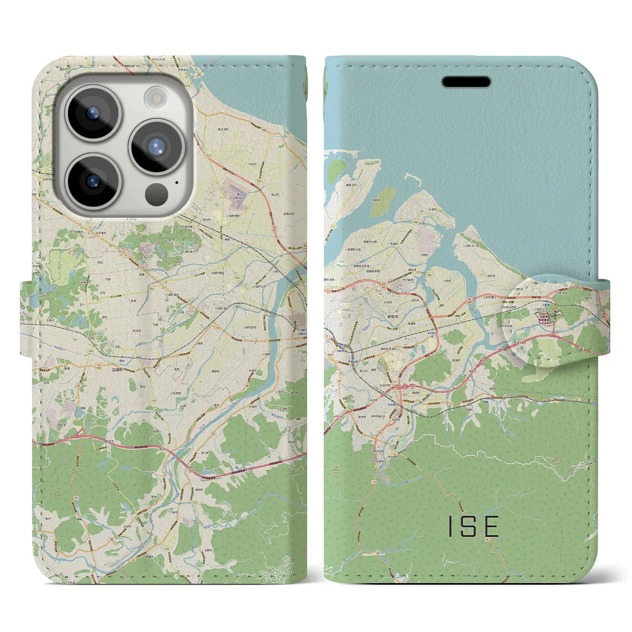 【伊勢】地図柄iPhoneケース（手帳両面タイプ・ナチュラル）iPhone 15 Pro 用