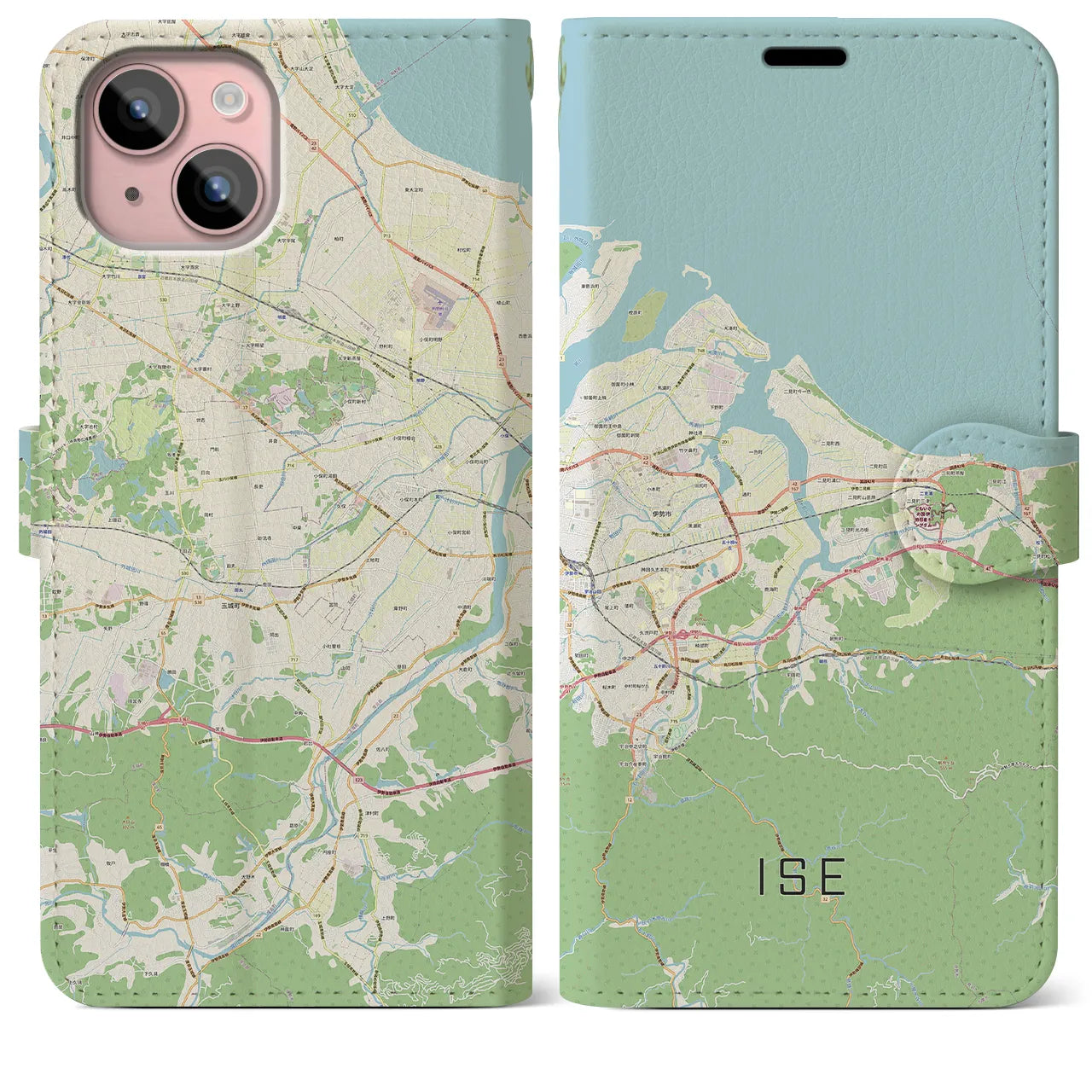 【伊勢】地図柄iPhoneケース（手帳両面タイプ・ナチュラル）iPhone 15 Plus 用
