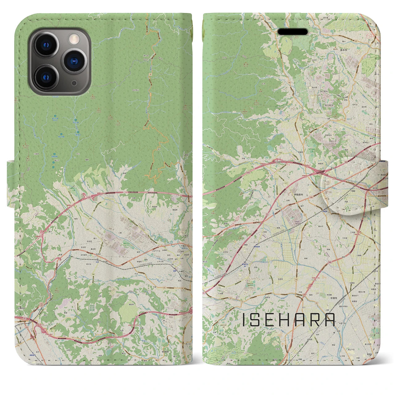 【伊勢原】地図柄iPhoneケース（手帳両面タイプ・ナチュラル）iPhone 11 Pro Max 用