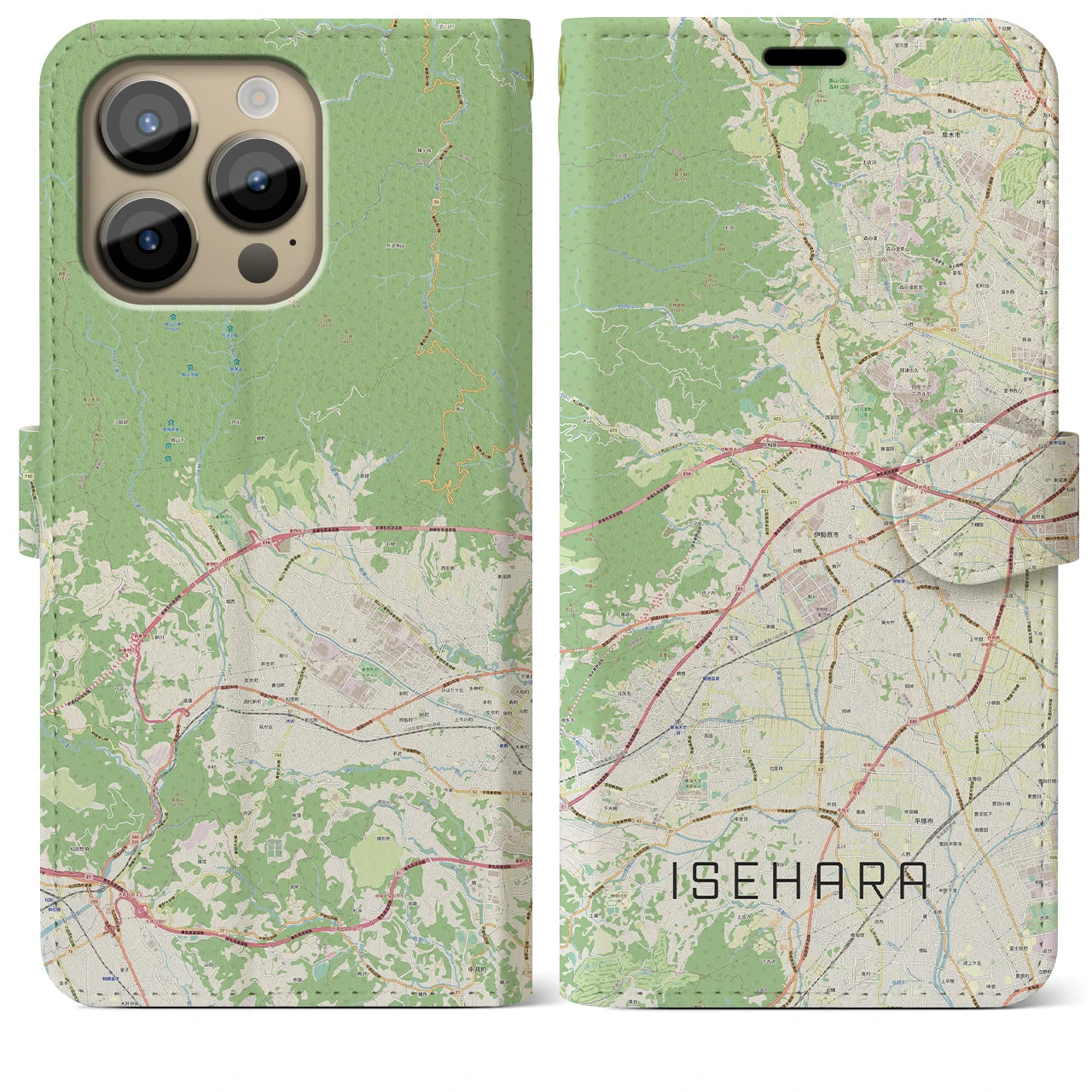 【伊勢原】地図柄iPhoneケース（手帳両面タイプ・ナチュラル）iPhone 14 Pro Max 用