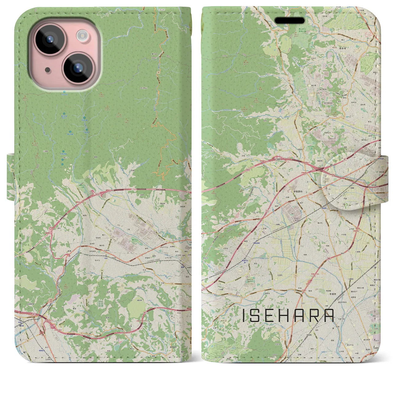 【伊勢原】地図柄iPhoneケース（手帳両面タイプ・ナチュラル）iPhone 15 Plus 用