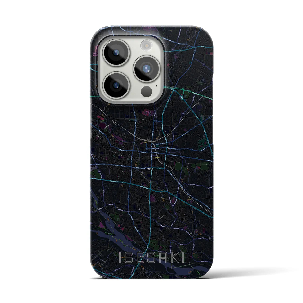 【伊勢崎】地図柄iPhoneケース（バックカバータイプ・ブラック）iPhone 15 Pro 用