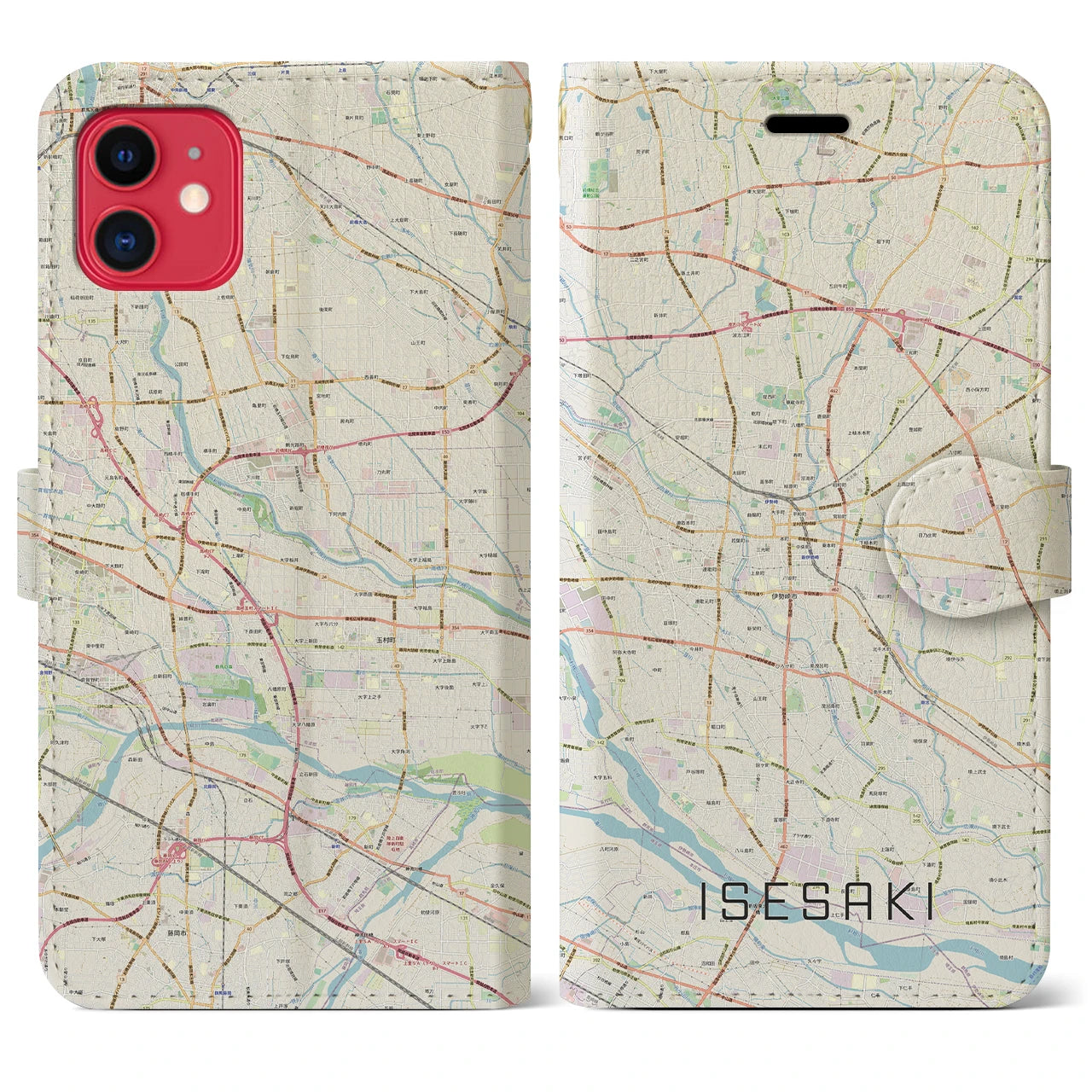 【伊勢崎】地図柄iPhoneケース（手帳両面タイプ・ナチュラル）iPhone 11 用