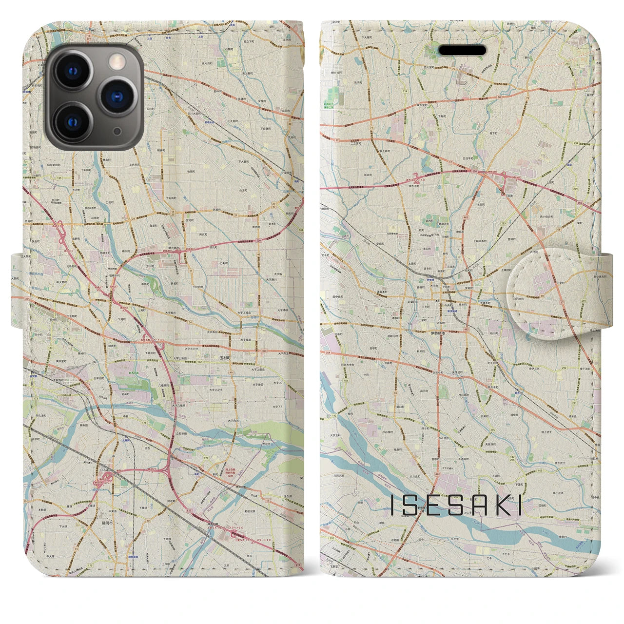 【伊勢崎】地図柄iPhoneケース（手帳両面タイプ・ナチュラル）iPhone 11 Pro Max 用