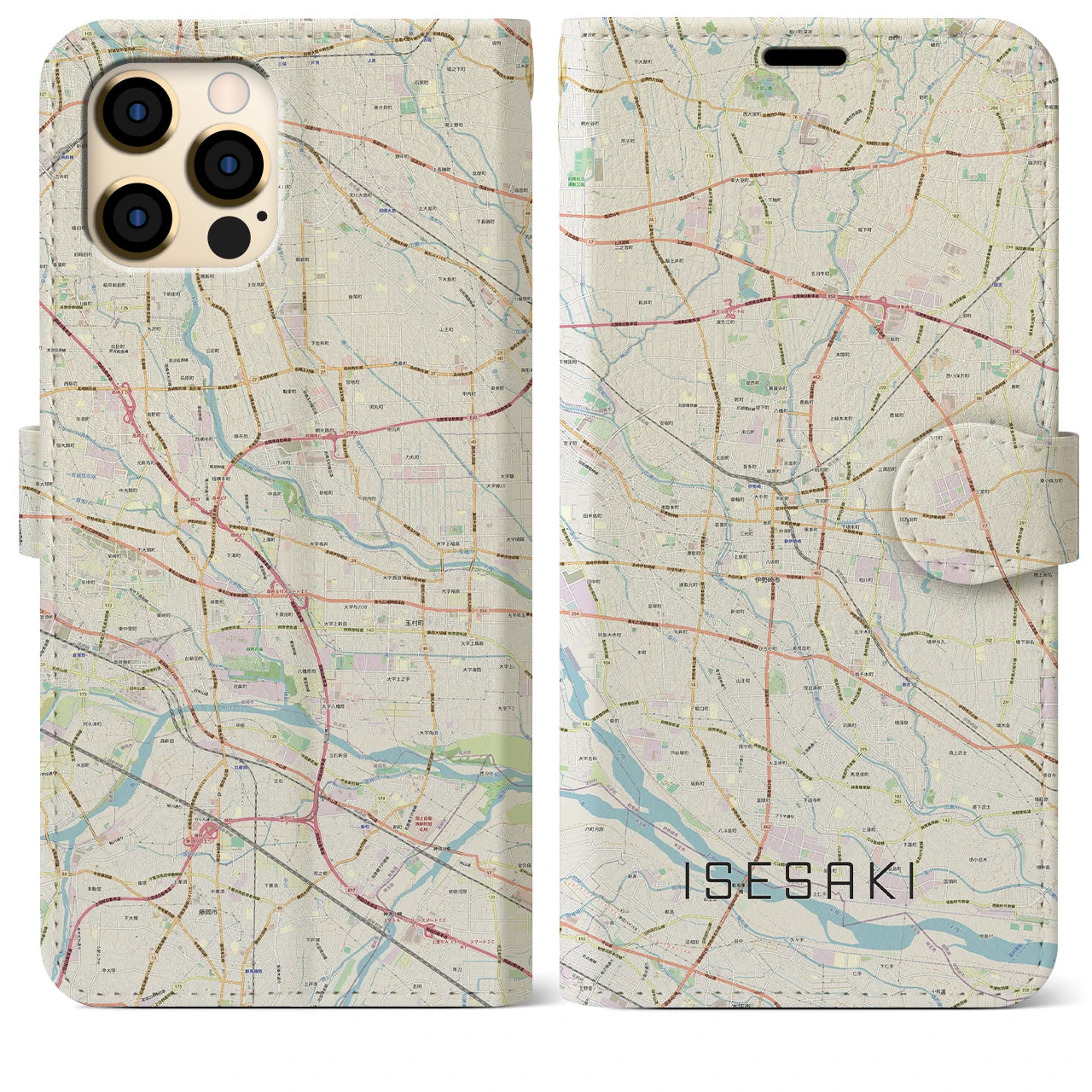 【伊勢崎】地図柄iPhoneケース（手帳両面タイプ・ナチュラル）iPhone 12 Pro Max 用