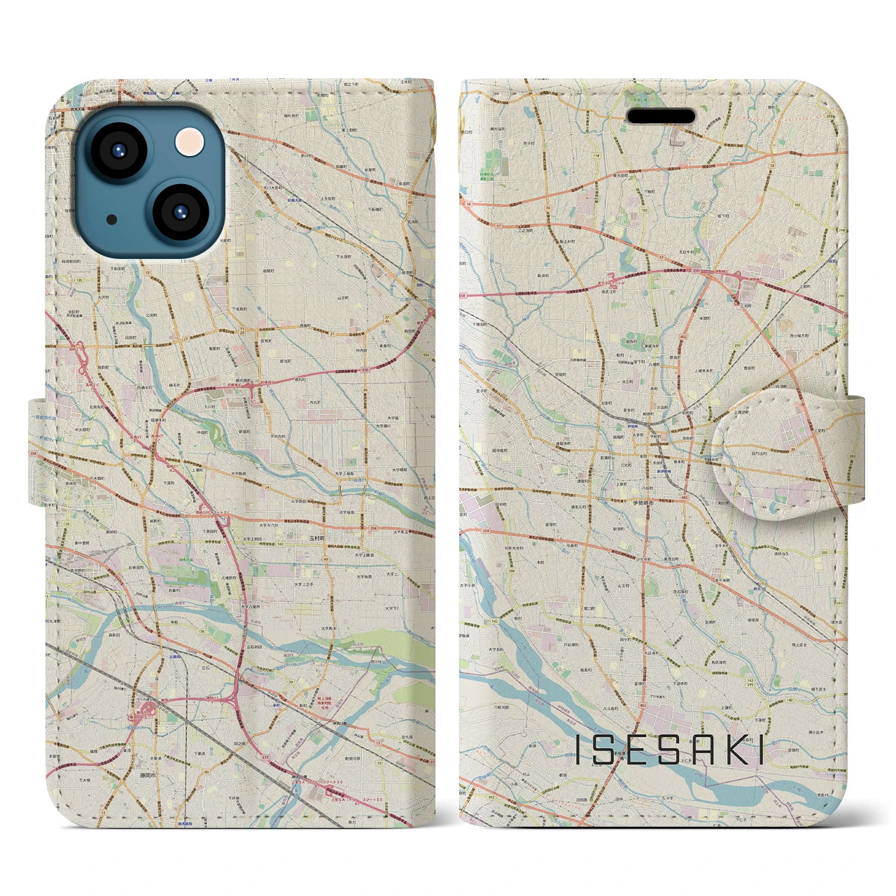 【伊勢崎】地図柄iPhoneケース（手帳両面タイプ・ナチュラル）iPhone 13 用