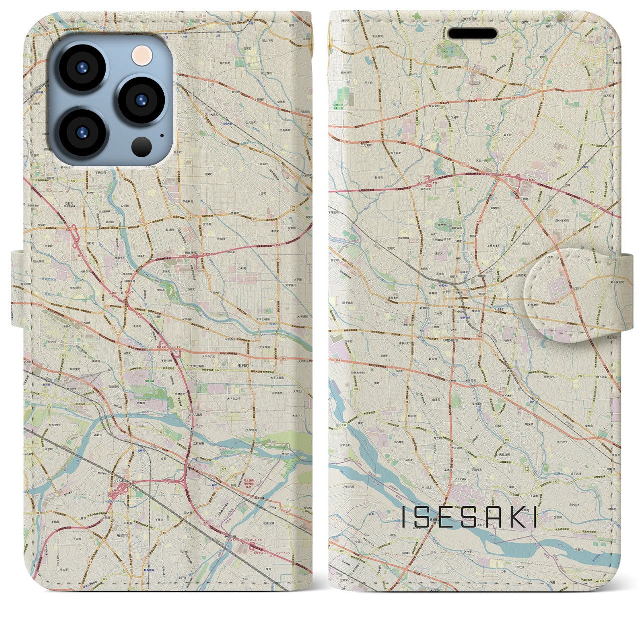 【伊勢崎】地図柄iPhoneケース（手帳両面タイプ・ナチュラル）iPhone 13 Pro Max 用