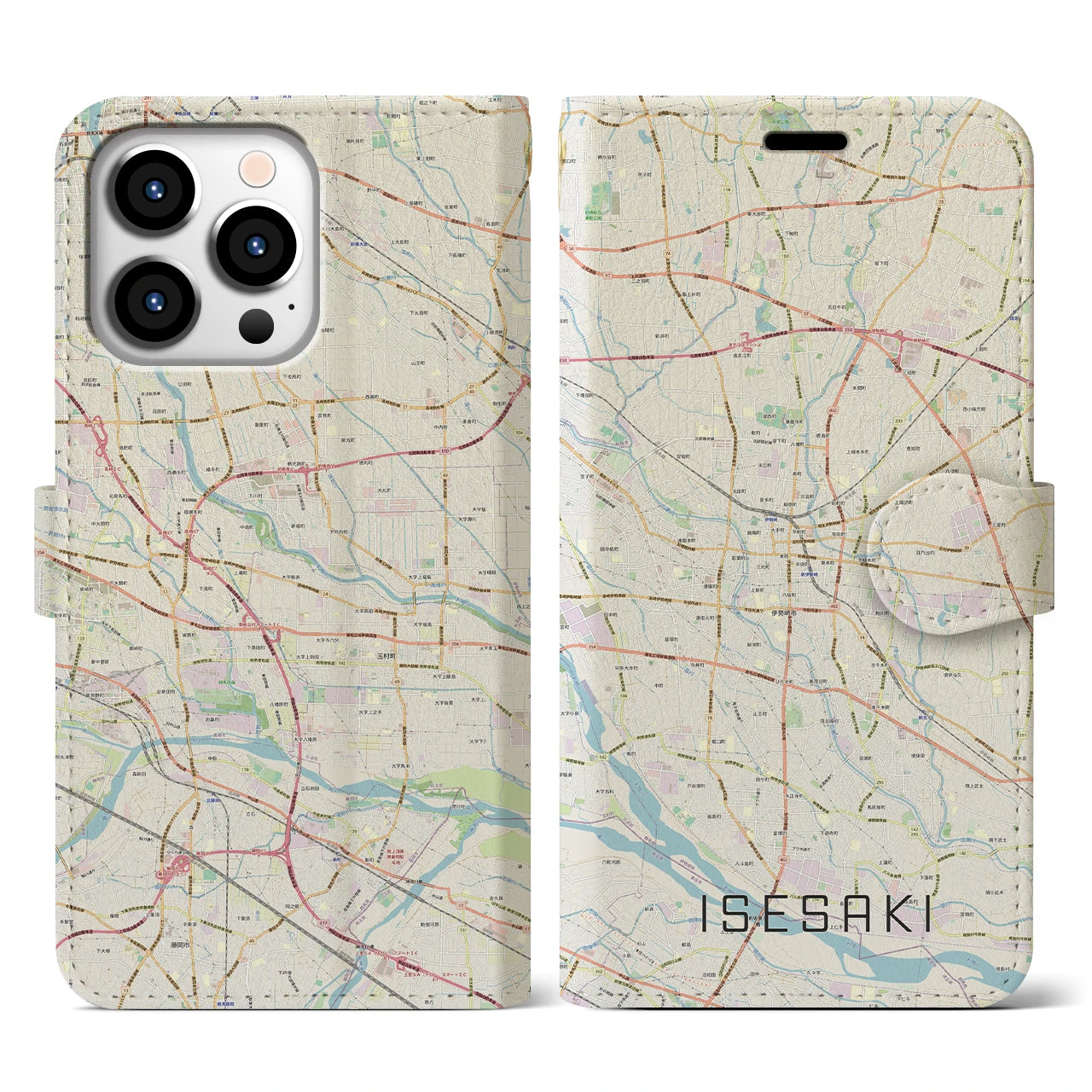 【伊勢崎】地図柄iPhoneケース（手帳両面タイプ・ナチュラル）iPhone 13 Pro 用