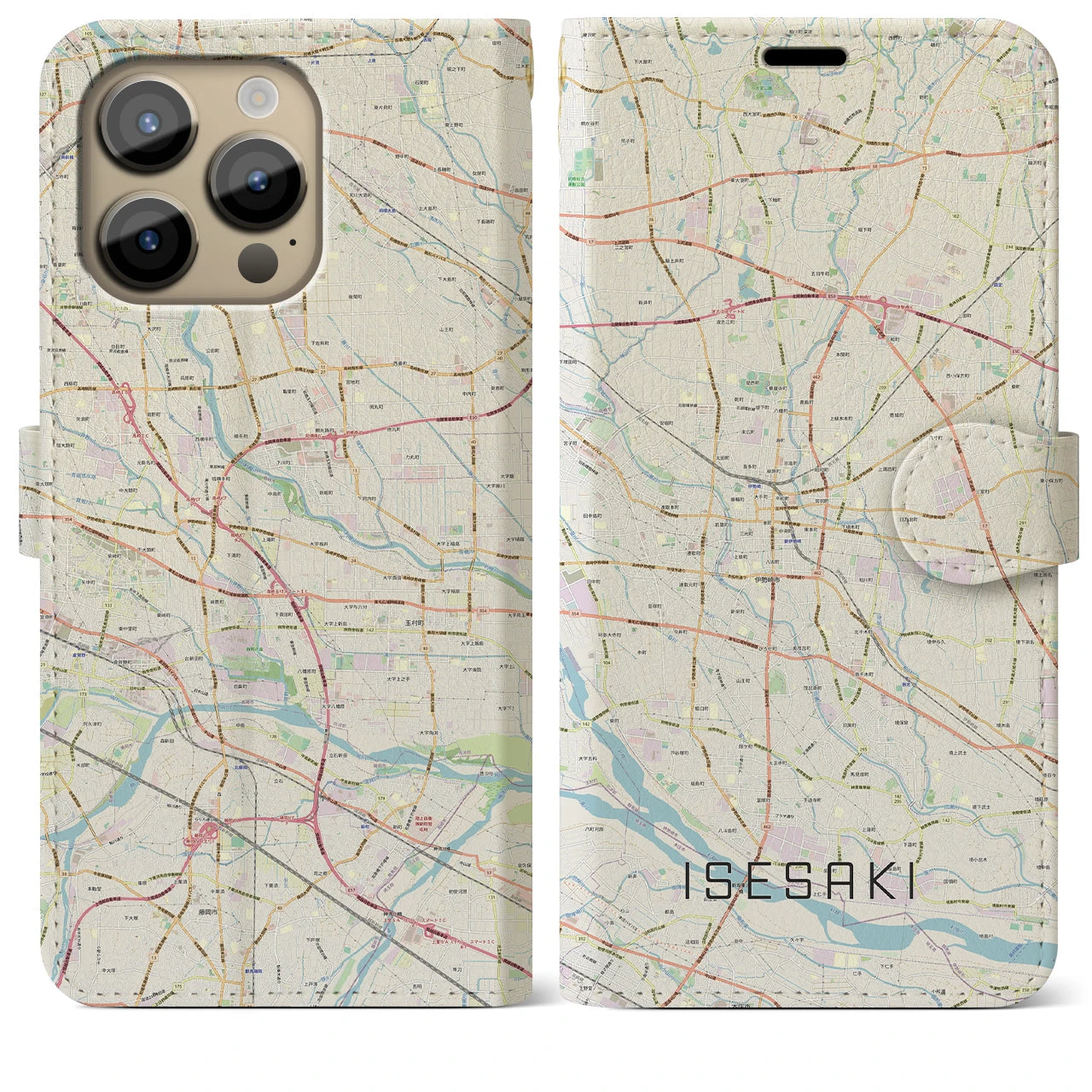【伊勢崎】地図柄iPhoneケース（手帳両面タイプ・ナチュラル）iPhone 14 Pro Max 用