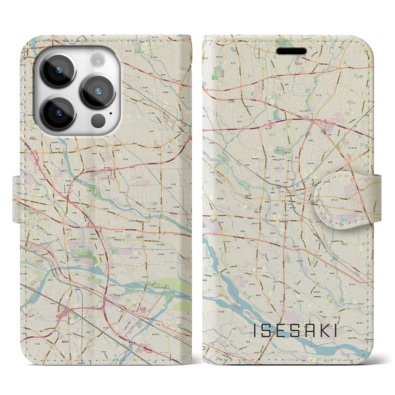 【伊勢崎】地図柄iPhoneケース（手帳両面タイプ・ナチュラル）iPhone 14 Pro 用
