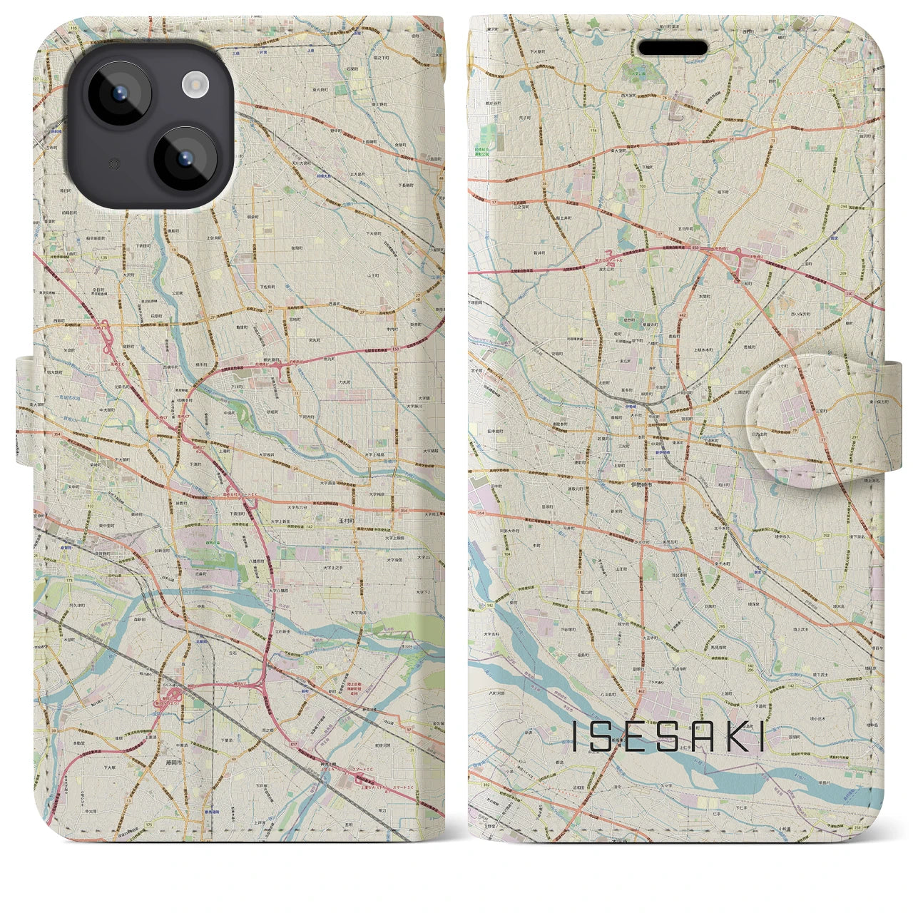 【伊勢崎】地図柄iPhoneケース（手帳両面タイプ・ナチュラル）iPhone 14 Plus 用