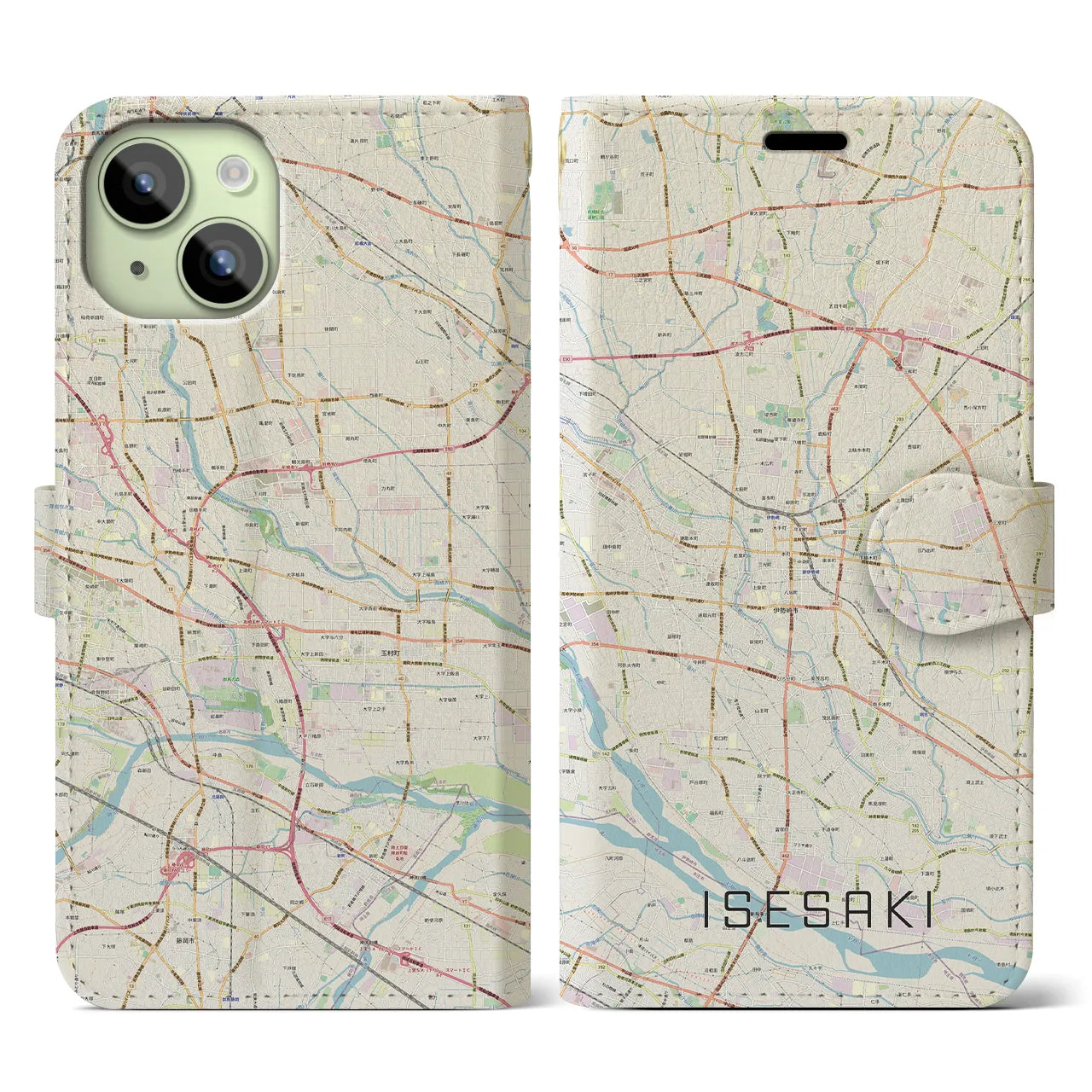 【伊勢崎】地図柄iPhoneケース（手帳両面タイプ・ナチュラル）iPhone 15 用