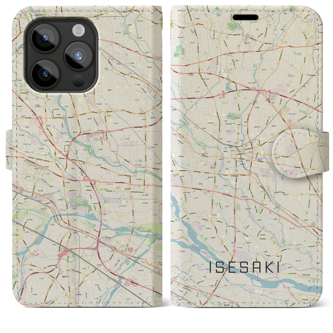 【伊勢崎】地図柄iPhoneケース（手帳両面タイプ・ナチュラル）iPhone 15 Pro Max 用