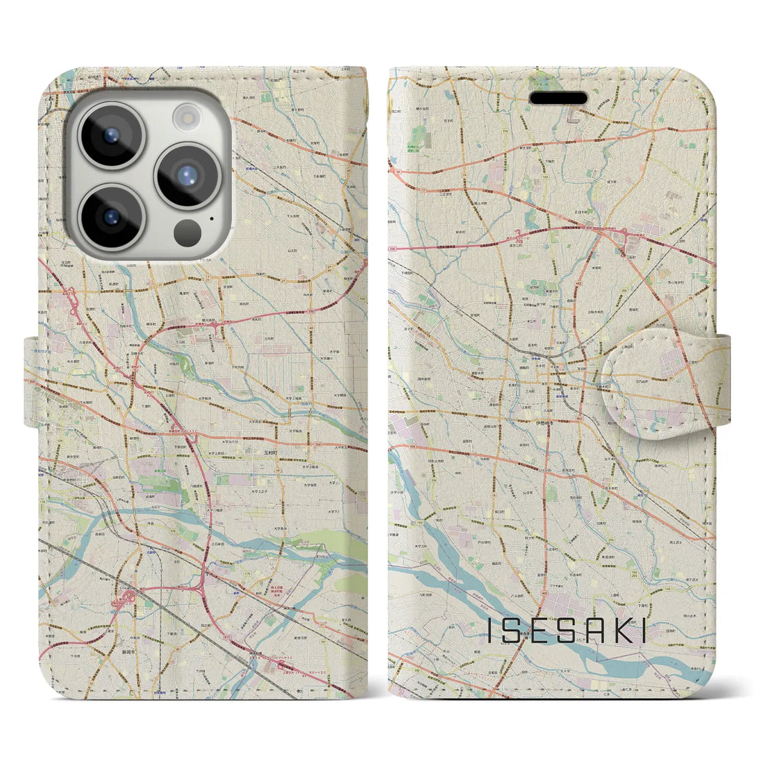 【伊勢崎】地図柄iPhoneケース（手帳両面タイプ・ナチュラル）iPhone 15 Pro 用
