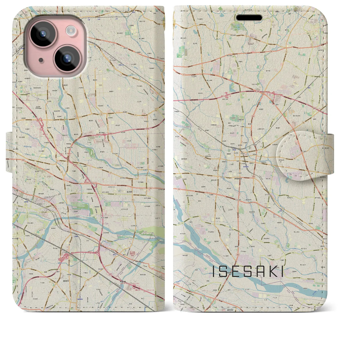 【伊勢崎】地図柄iPhoneケース（手帳両面タイプ・ナチュラル）iPhone 15 Plus 用