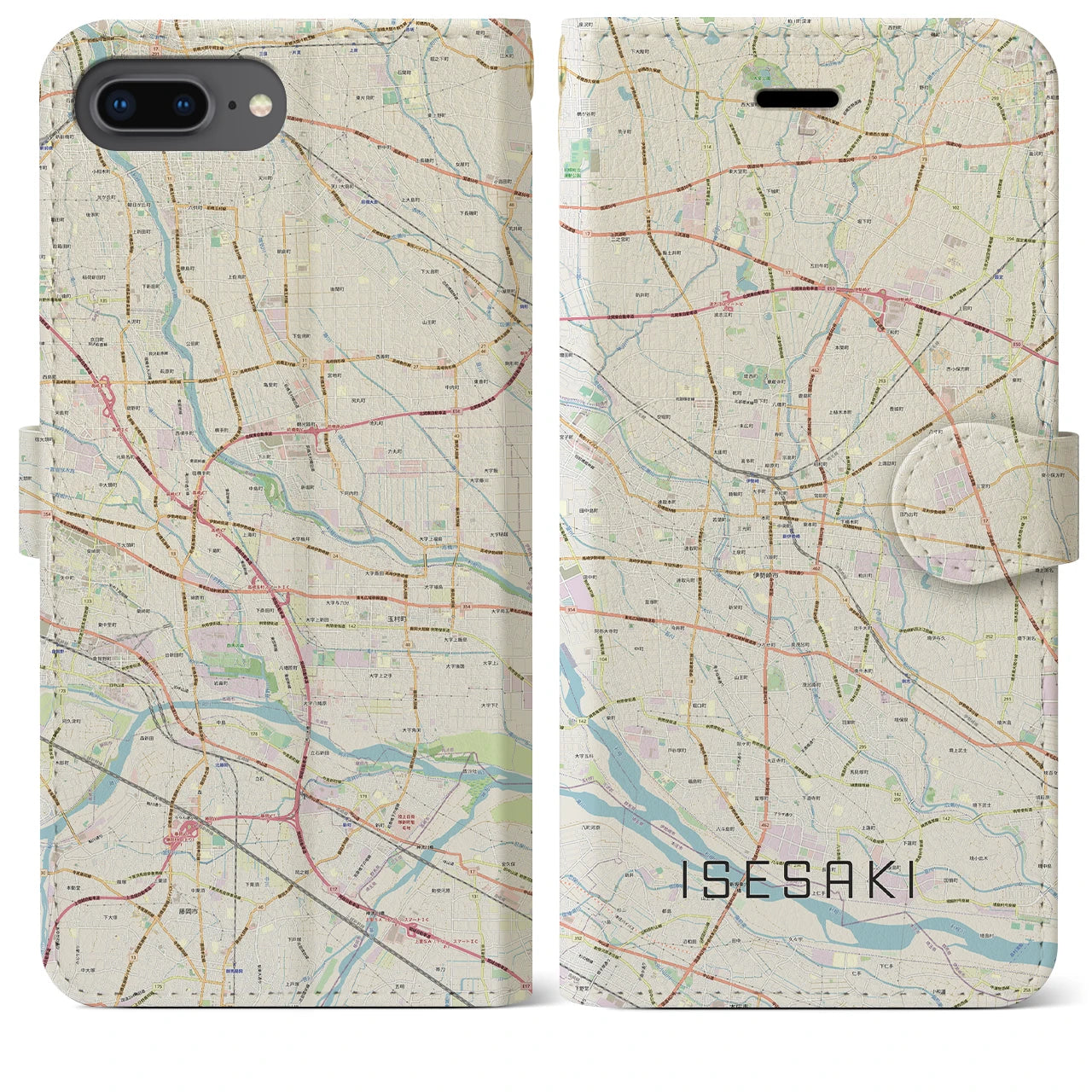 【伊勢崎】地図柄iPhoneケース（手帳両面タイプ・ナチュラル）iPhone 8Plus /7Plus / 6sPlus / 6Plus 用