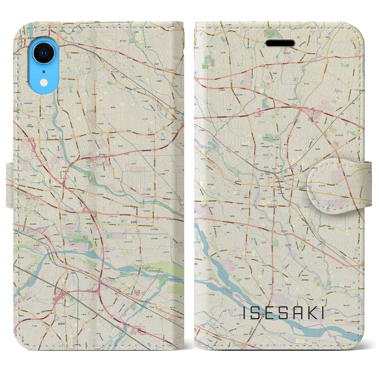 【伊勢崎】地図柄iPhoneケース（手帳両面タイプ・ナチュラル）iPhone XR 用