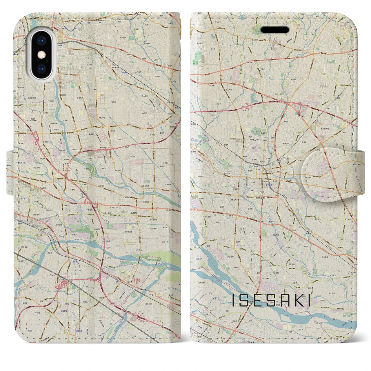 【伊勢崎】地図柄iPhoneケース（手帳両面タイプ・ナチュラル）iPhone XS Max 用