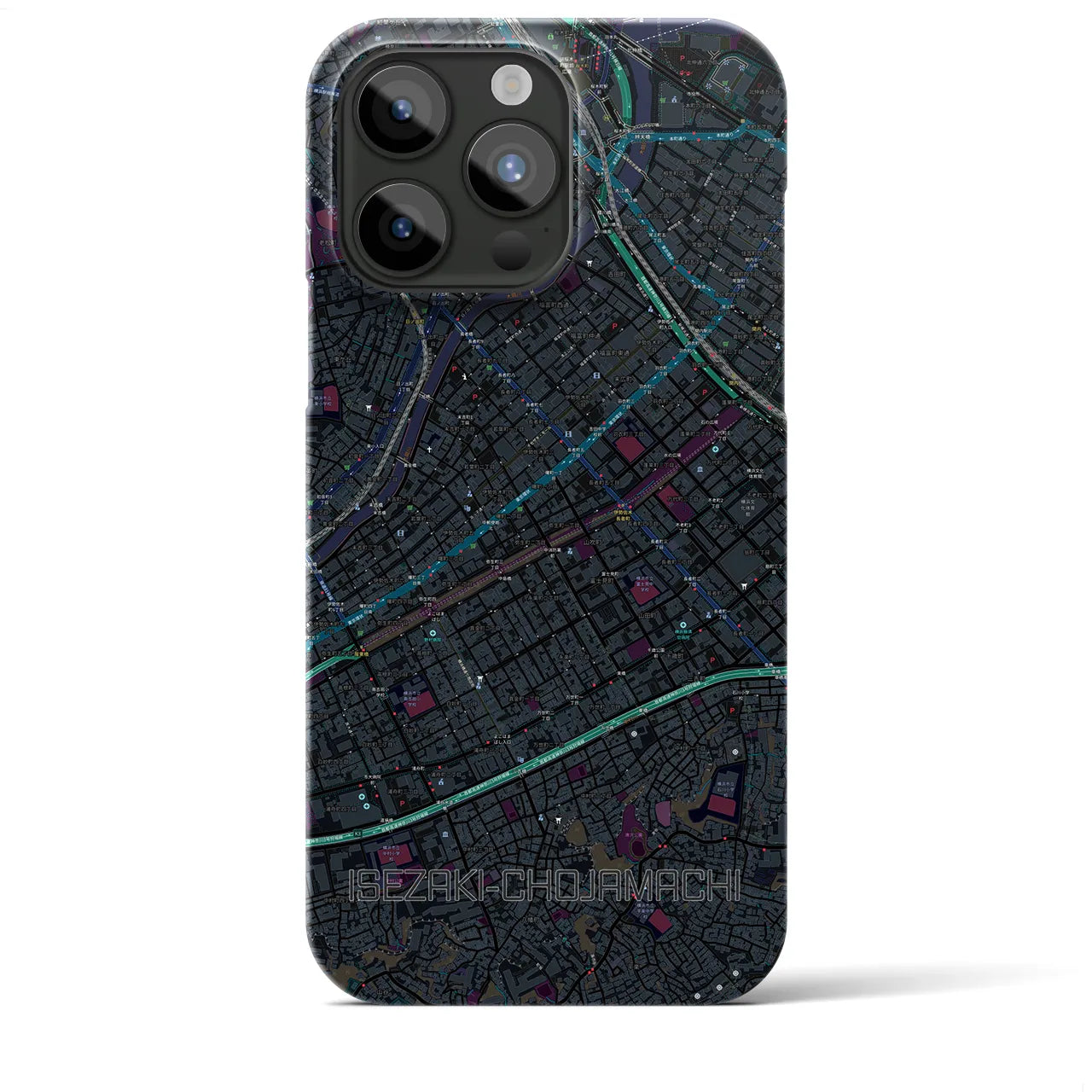 【伊勢佐木長者町】地図柄iPhoneケース（バックカバータイプ・ブラック）iPhone 15 Pro Max 用