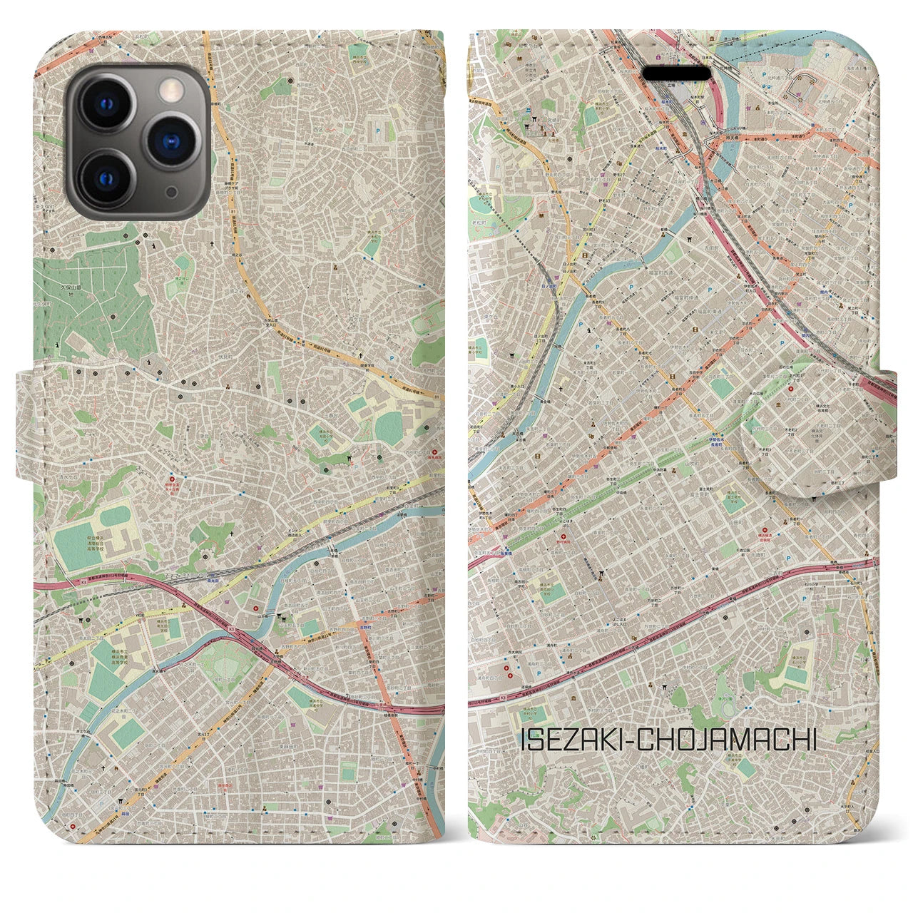 【伊勢佐木長者町】地図柄iPhoneケース（手帳両面タイプ・ナチュラル）iPhone 11 Pro Max 用