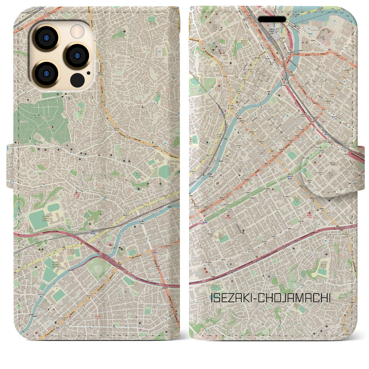 【伊勢佐木長者町】地図柄iPhoneケース（手帳両面タイプ・ナチュラル）iPhone 12 Pro Max 用
