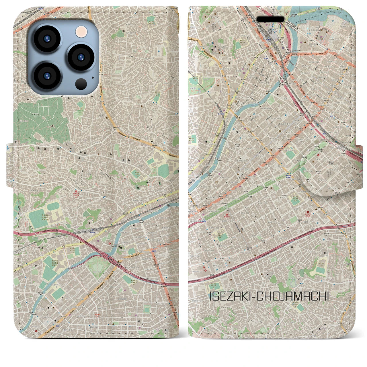 【伊勢佐木長者町】地図柄iPhoneケース（手帳両面タイプ・ナチュラル）iPhone 13 Pro Max 用