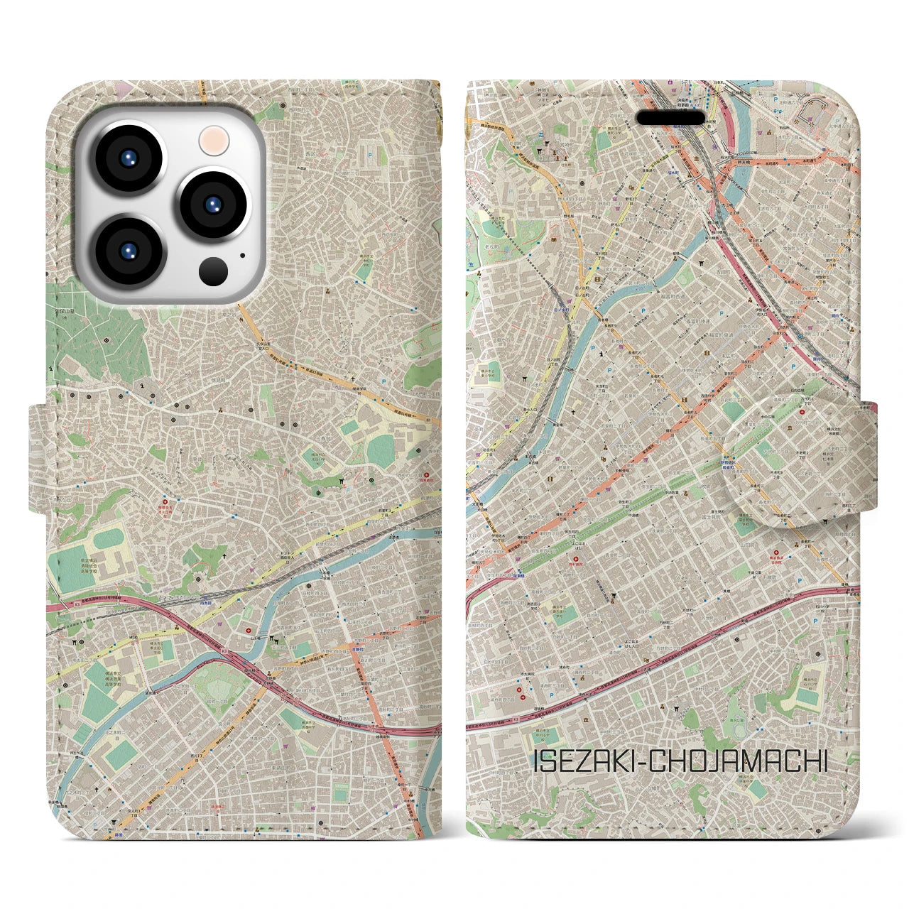 【伊勢佐木長者町】地図柄iPhoneケース（手帳両面タイプ・ナチュラル）iPhone 13 Pro 用