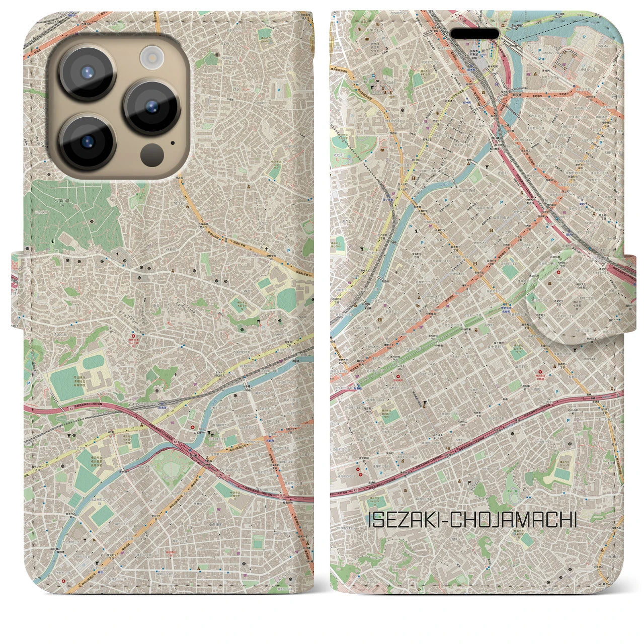 【伊勢佐木長者町】地図柄iPhoneケース（手帳両面タイプ・ナチュラル）iPhone 14 Pro Max 用