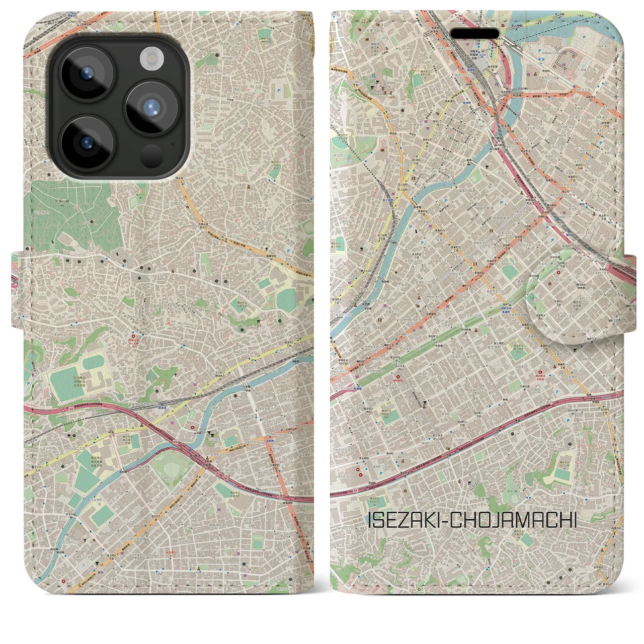 【伊勢佐木長者町】地図柄iPhoneケース（手帳両面タイプ・ナチュラル）iPhone 15 Pro Max 用
