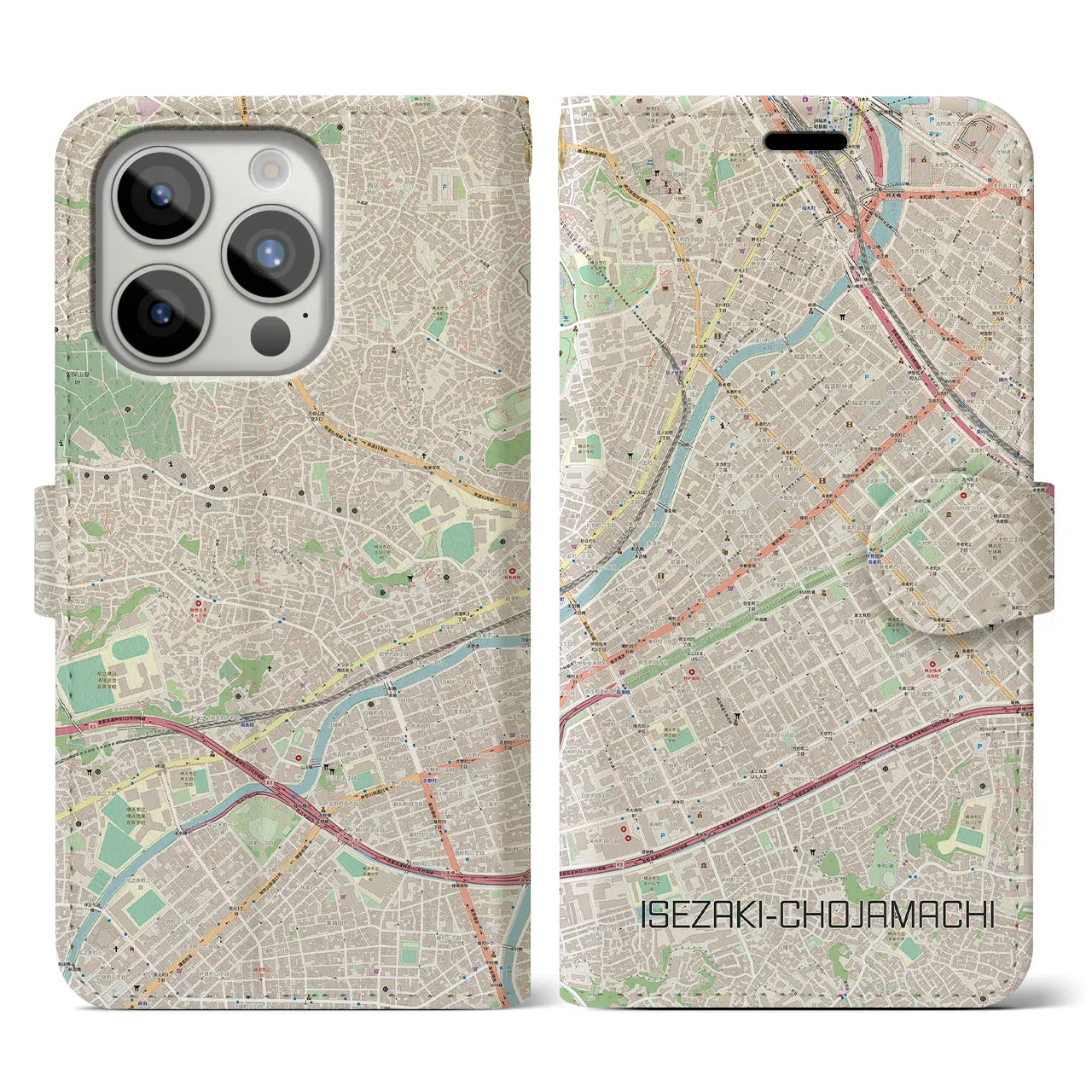 【伊勢佐木長者町】地図柄iPhoneケース（手帳両面タイプ・ナチュラル）iPhone 15 Pro 用