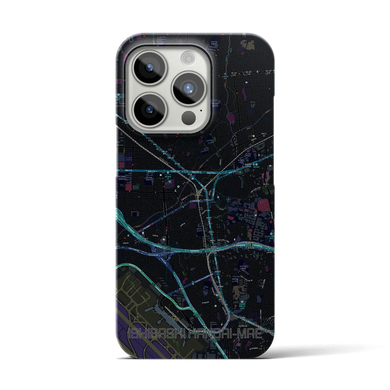 【石橋阪大前】地図柄iPhoneケース（バックカバータイプ・ブラック）iPhone 15 Pro 用