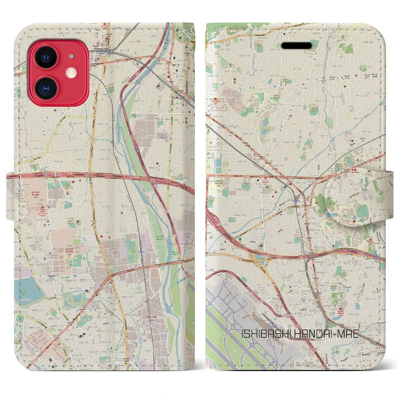 【石橋阪大前】地図柄iPhoneケース（手帳両面タイプ・ナチュラル）iPhone 11 用