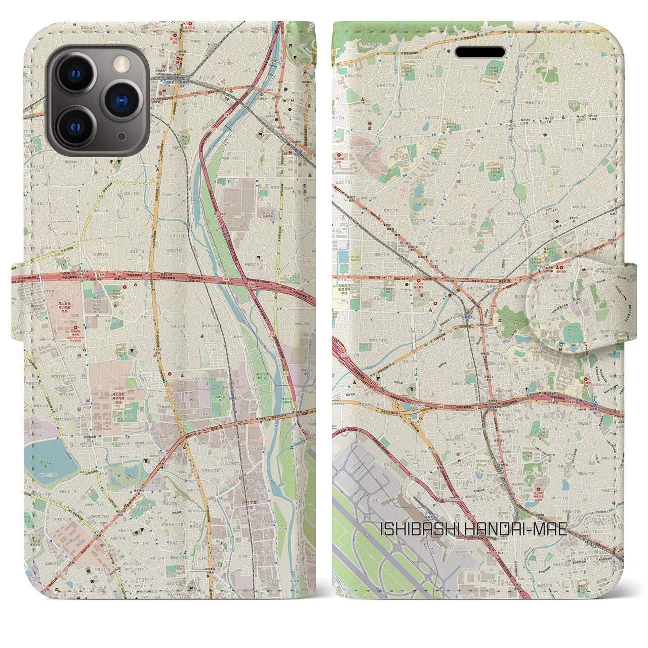 【石橋阪大前】地図柄iPhoneケース（手帳両面タイプ・ナチュラル）iPhone 11 Pro Max 用