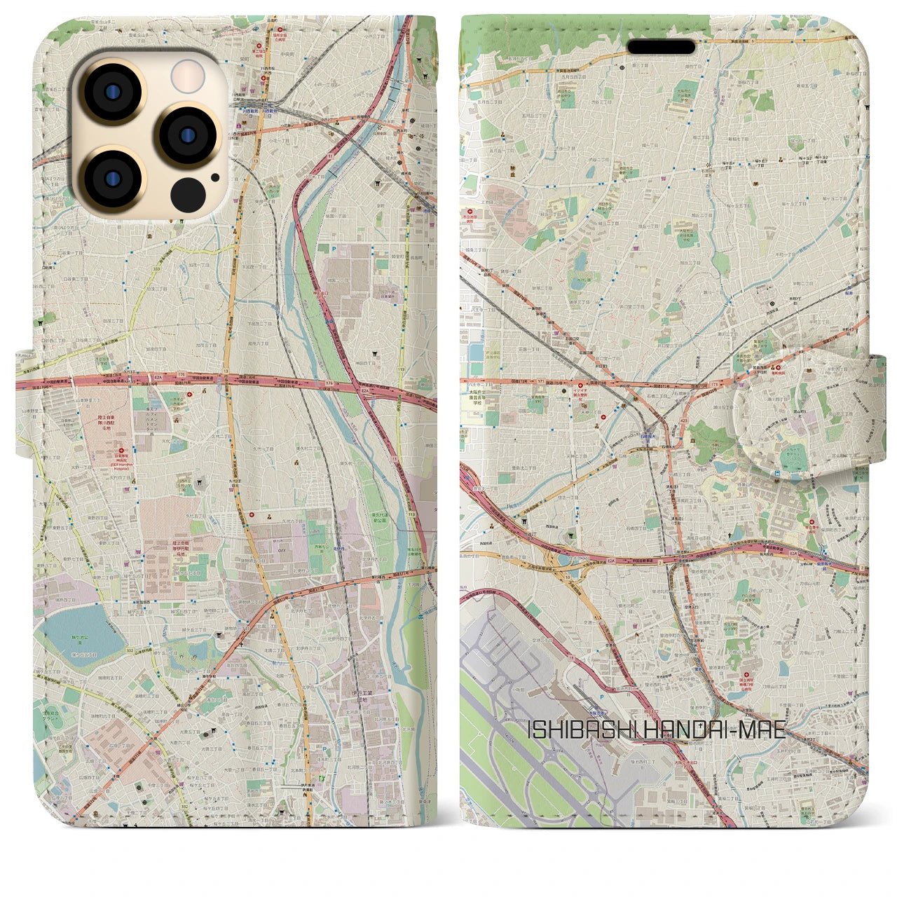 【石橋阪大前】地図柄iPhoneケース（手帳両面タイプ・ナチュラル）iPhone 12 Pro Max 用