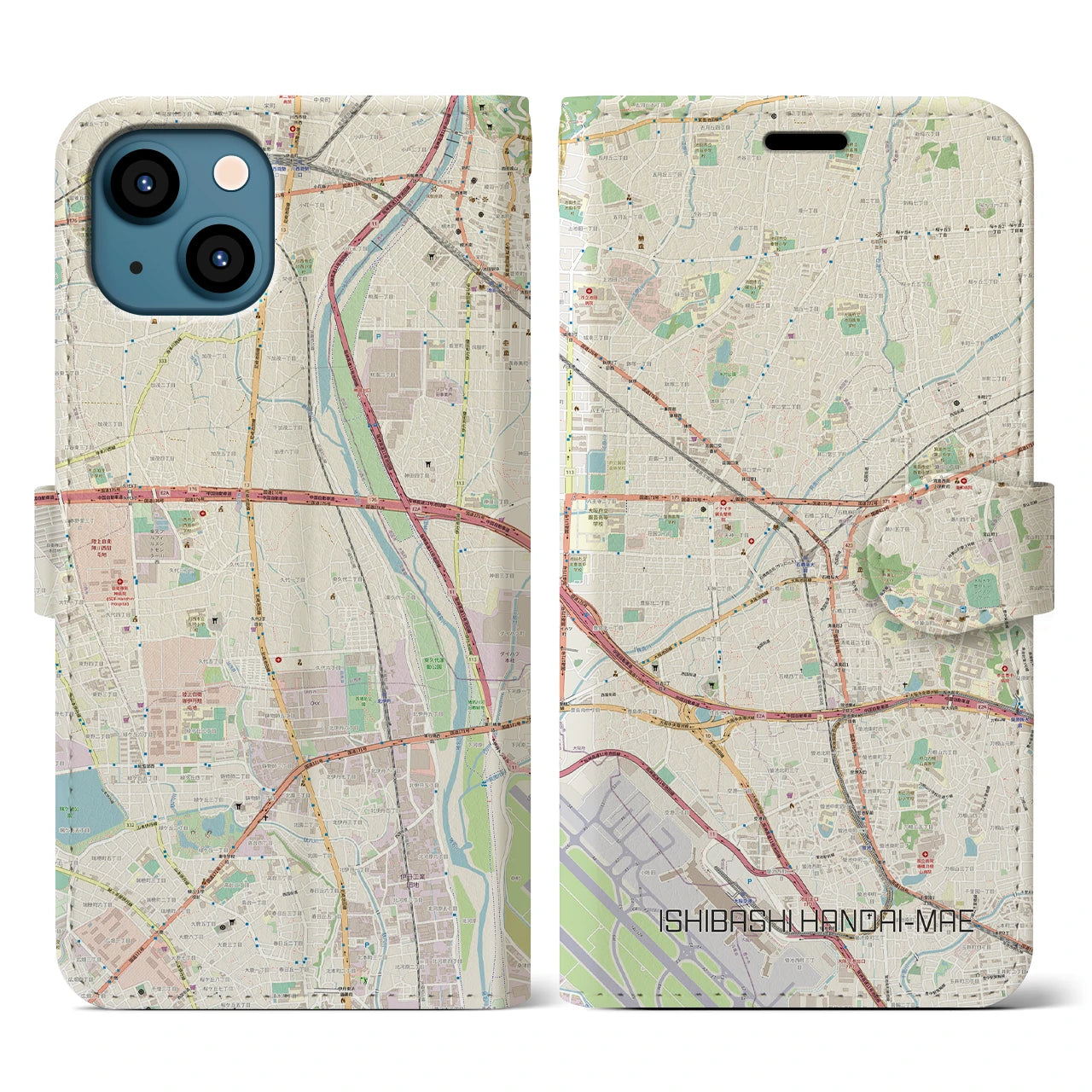 【石橋阪大前】地図柄iPhoneケース（手帳両面タイプ・ナチュラル）iPhone 13 用