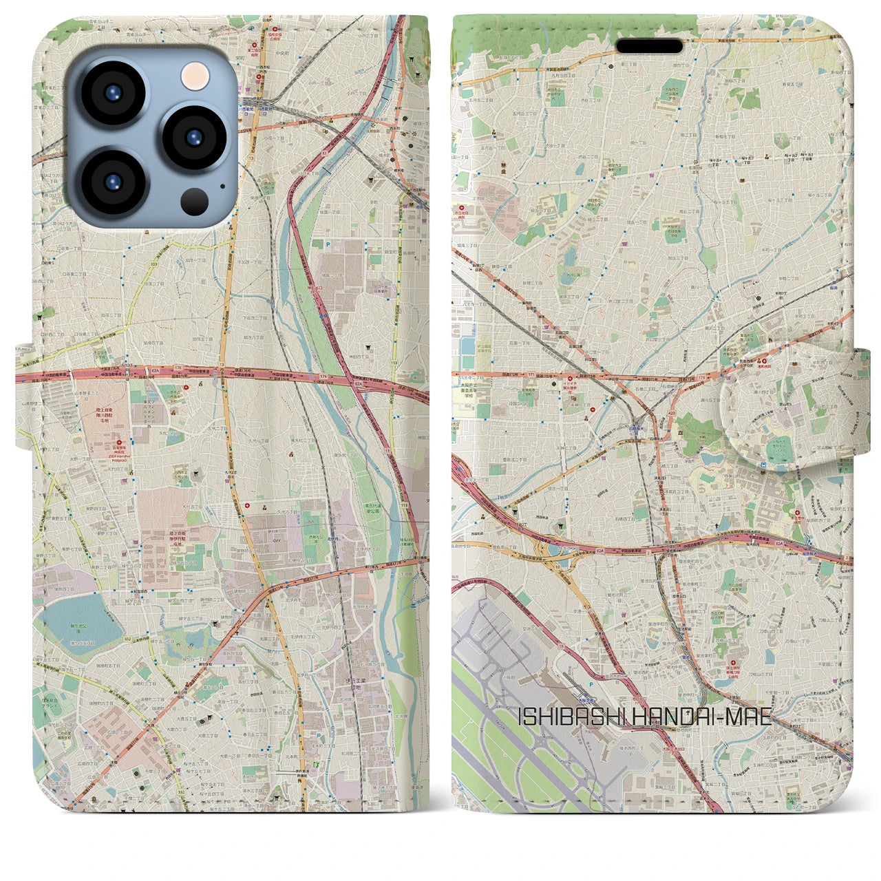 【石橋阪大前】地図柄iPhoneケース（手帳両面タイプ・ナチュラル）iPhone 13 Pro Max 用