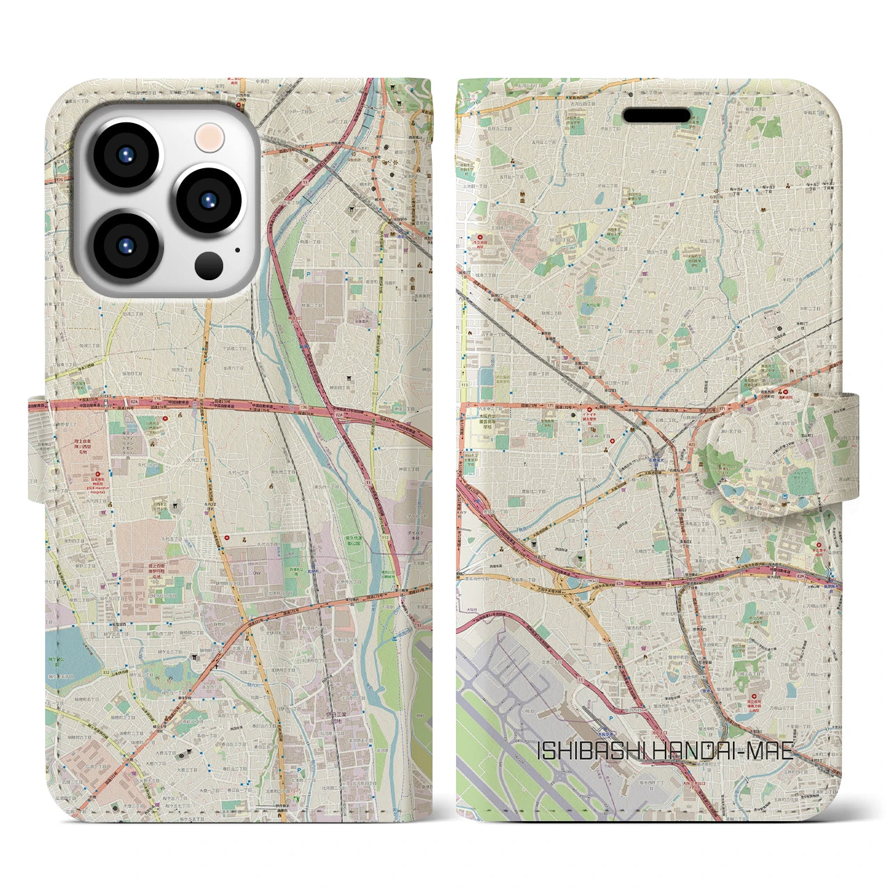 【石橋阪大前】地図柄iPhoneケース（手帳両面タイプ・ナチュラル）iPhone 13 Pro 用