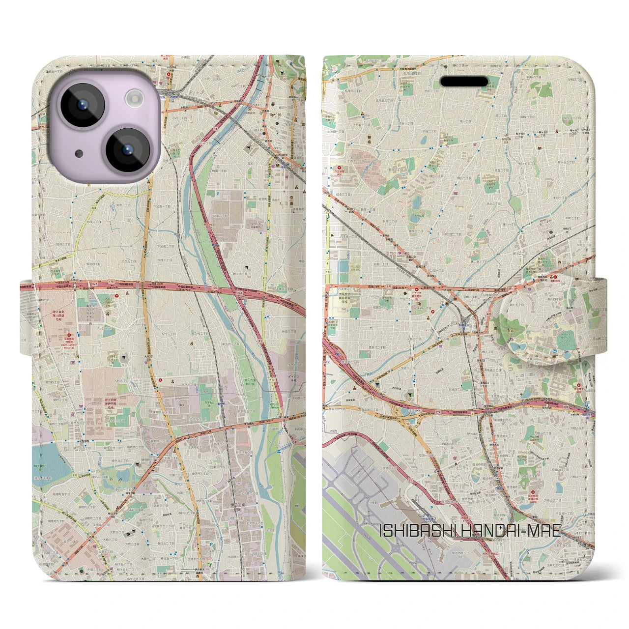 【石橋阪大前】地図柄iPhoneケース（手帳両面タイプ・ナチュラル）iPhone 14 用