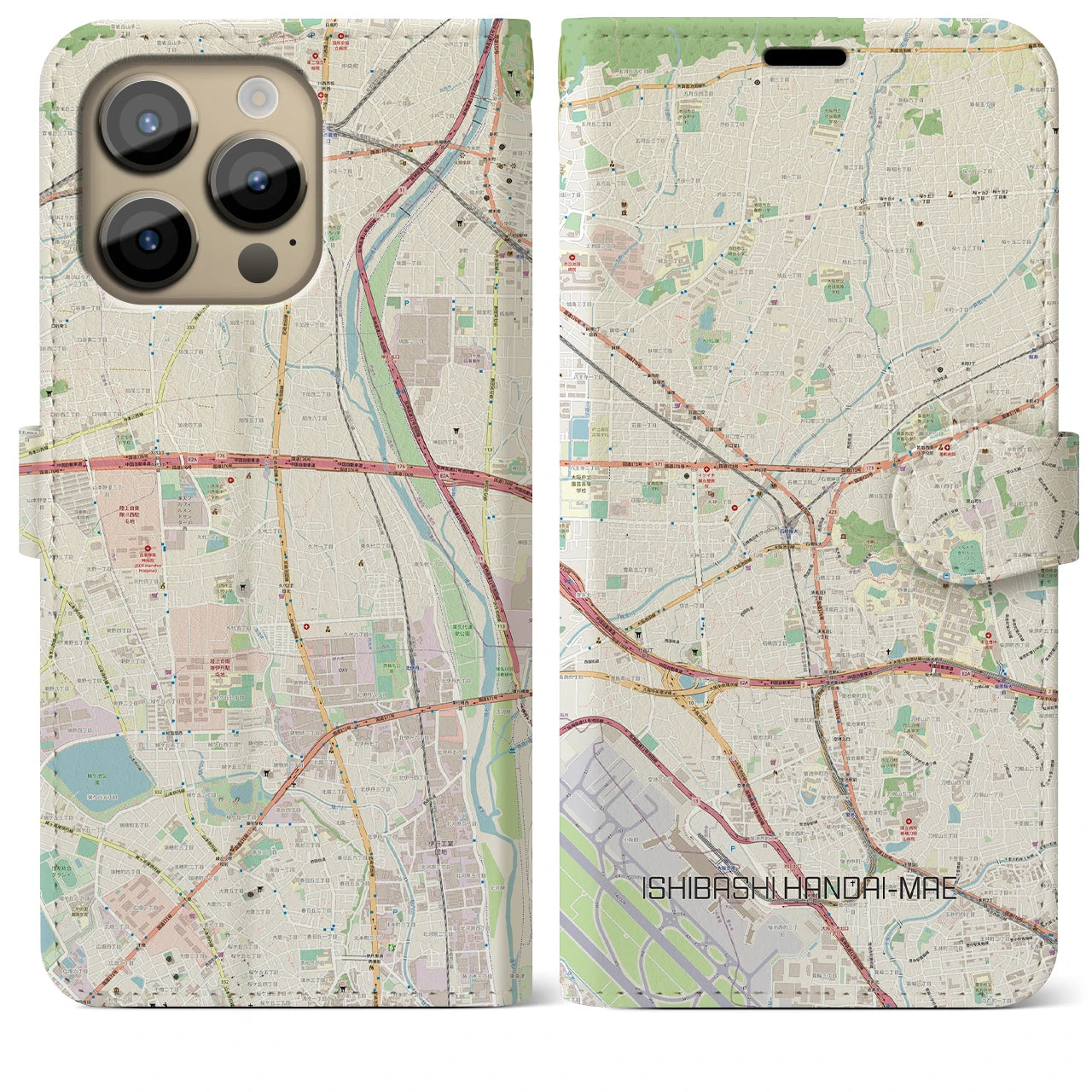 【石橋阪大前】地図柄iPhoneケース（手帳両面タイプ・ナチュラル）iPhone 14 Pro Max 用