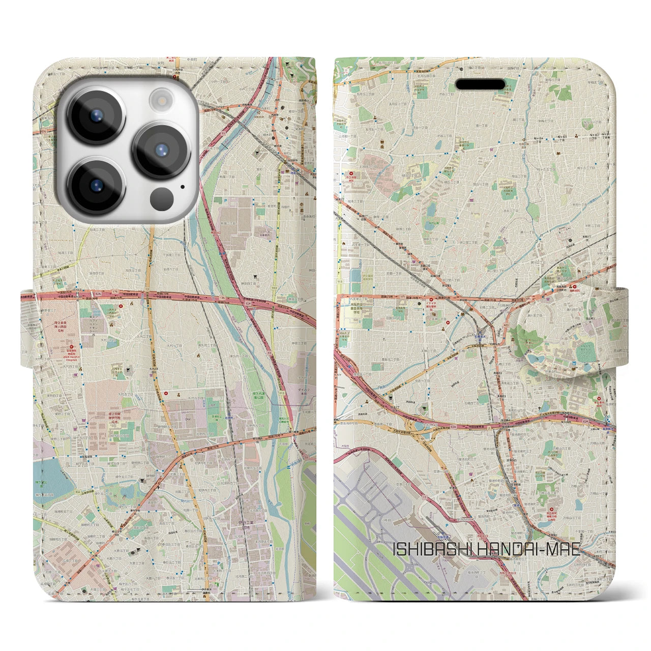 【石橋阪大前】地図柄iPhoneケース（手帳両面タイプ・ナチュラル）iPhone 14 Pro 用