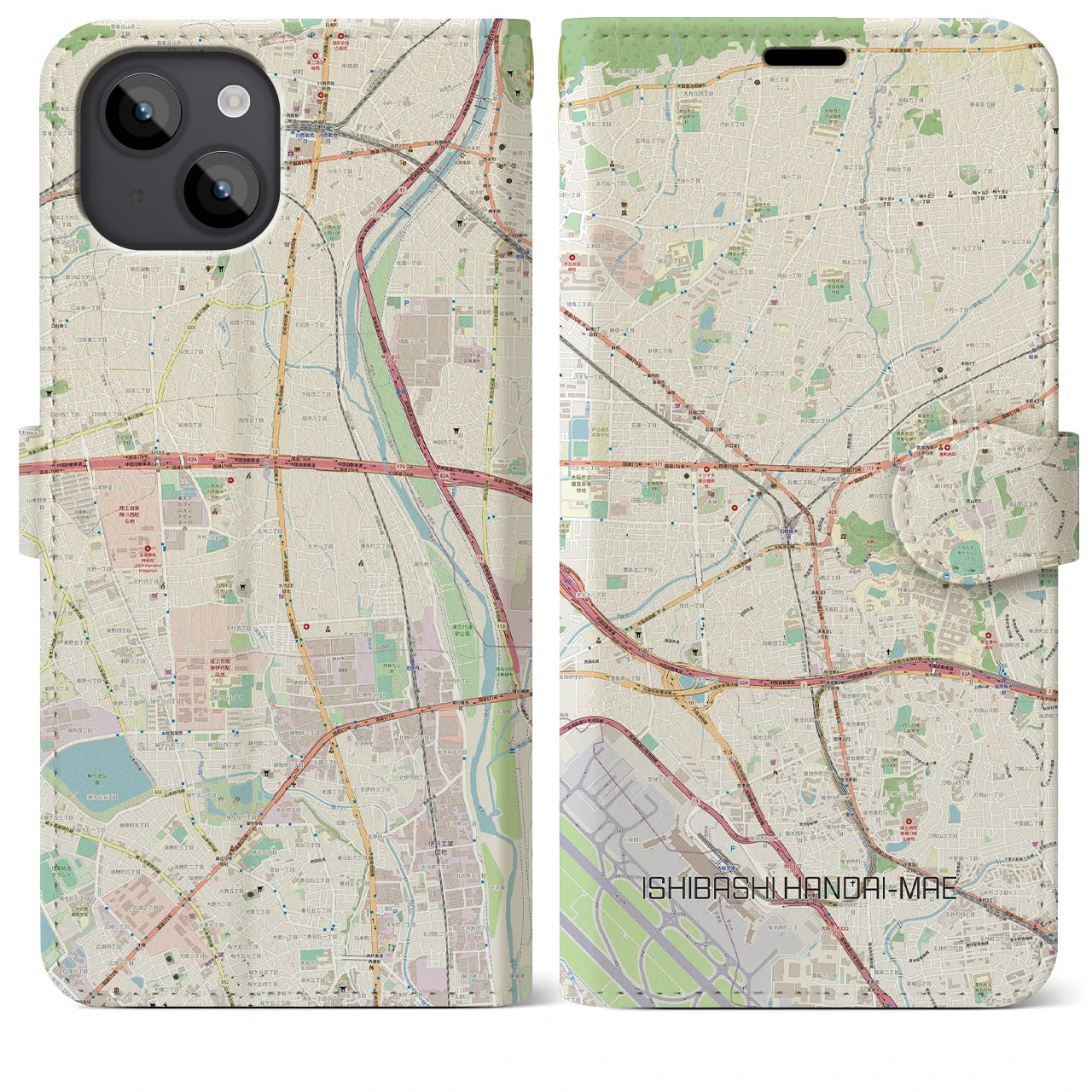 【石橋阪大前】地図柄iPhoneケース（手帳両面タイプ・ナチュラル）iPhone 14 Plus 用